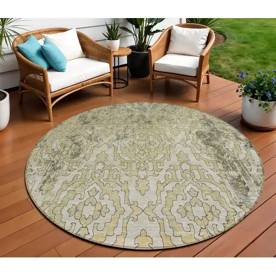 8' Artichoke Green And Beige Round Medallion Washable Indoor Outdoor Area Rug Photo 1