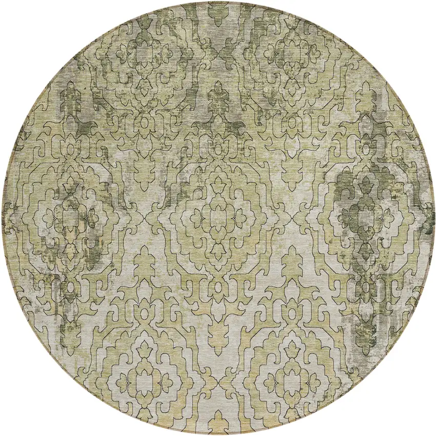 8' Artichoke Green And Beige Round Medallion Washable Indoor Outdoor Area Rug Photo 2