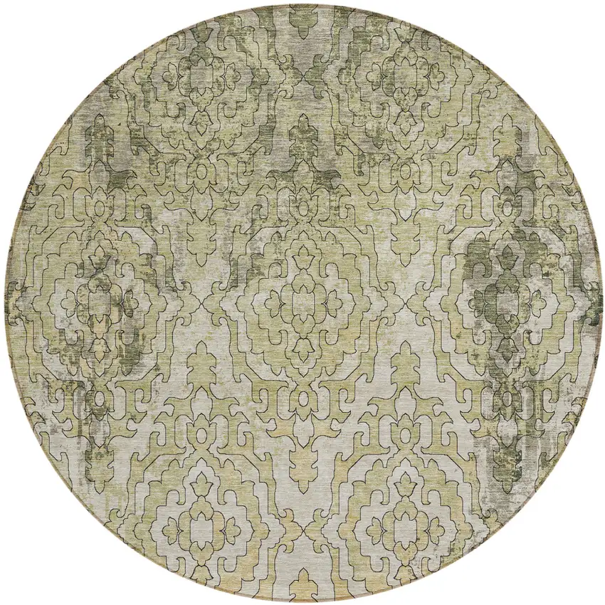 8' Artichoke Green And Beige Round Medallion Washable Indoor Outdoor Area Rug Photo 2