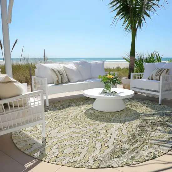 8' Artichoke Green And Beige Round Medallion Washable Indoor Outdoor Area Rug Photo 6
