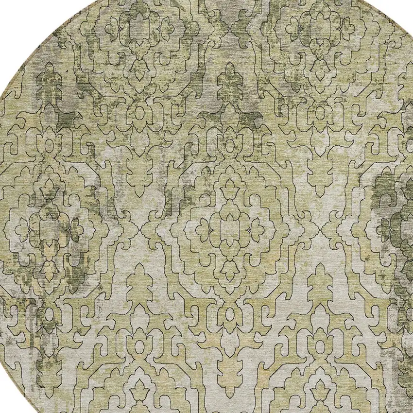 8' Artichoke Green And Beige Round Medallion Washable Indoor Outdoor Area Rug Photo 4