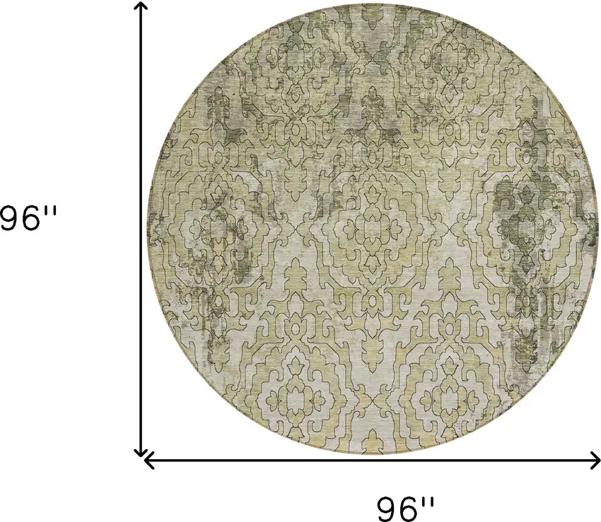 8' Artichoke Green And Beige Round Medallion Washable Indoor Outdoor Area Rug Photo 3