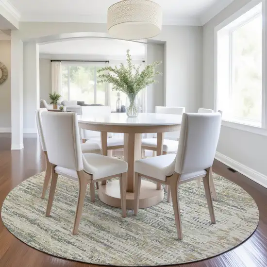 8' Artichoke Green And Beige Round Moroccan Washable Indoor Outdoor Area Rug Photo 6