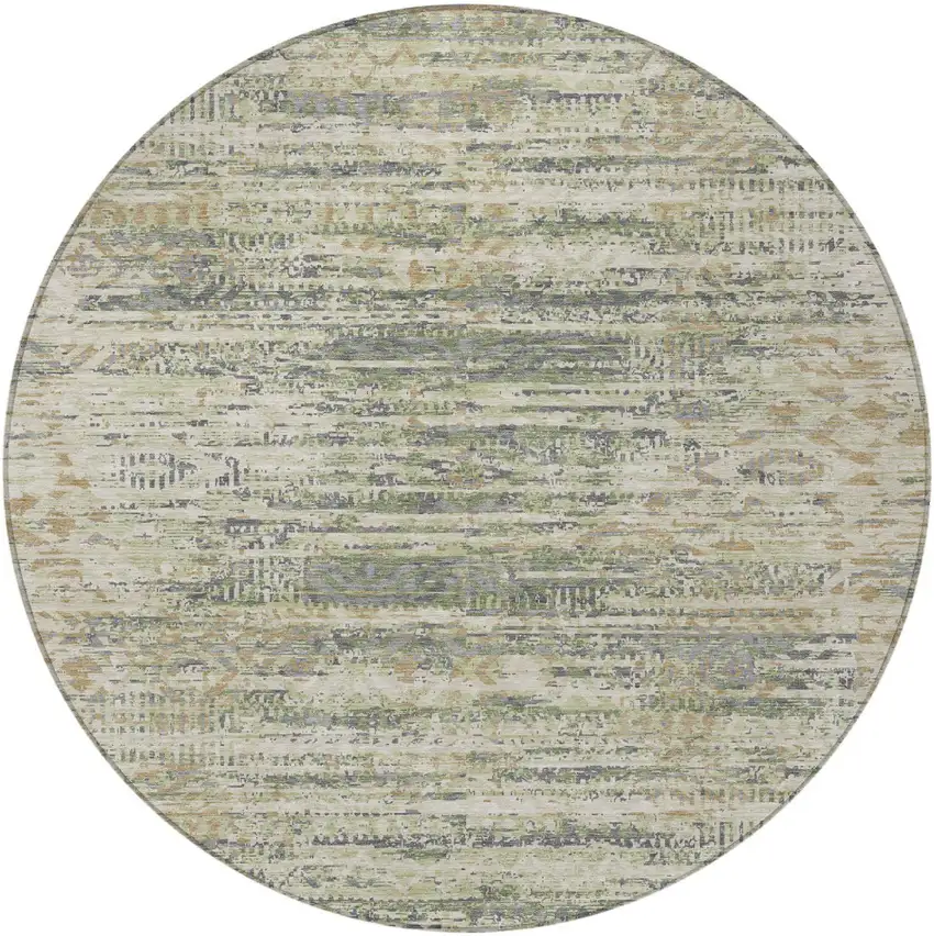 8' Artichoke Green And Beige Round Moroccan Washable Indoor Outdoor Area Rug Photo 3
