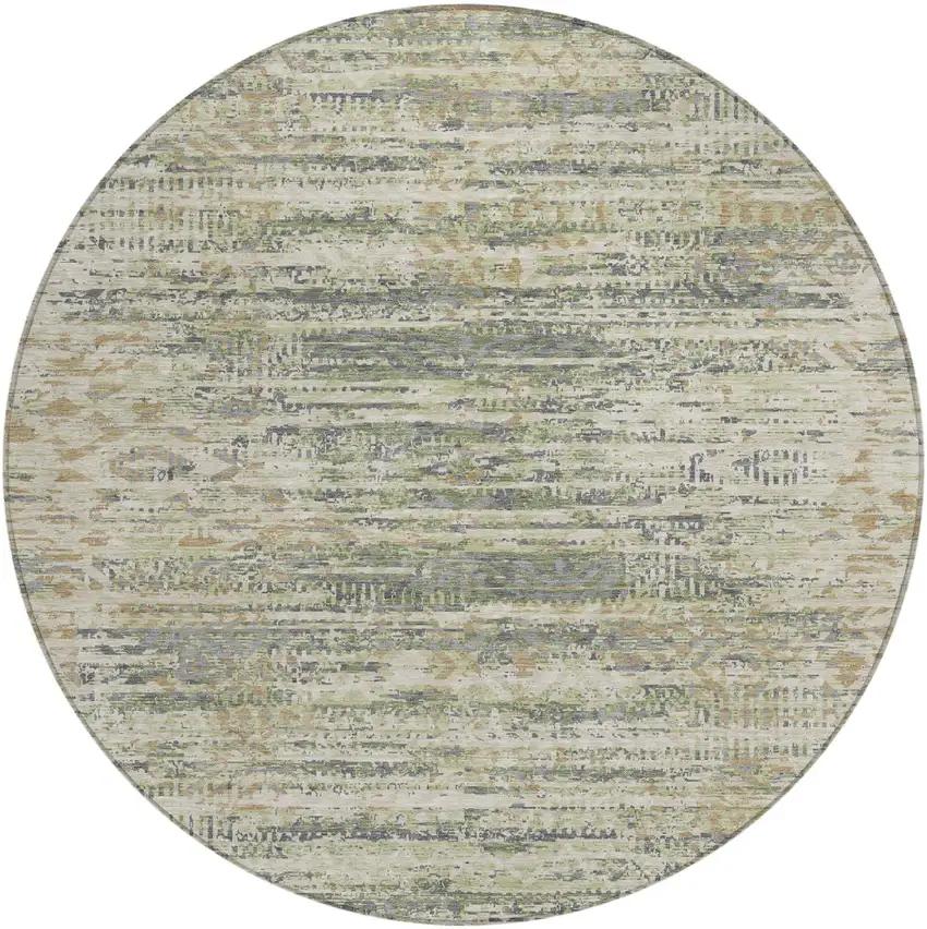 8' Artichoke Green And Beige Round Moroccan Washable Indoor Outdoor Area Rug Photo 1