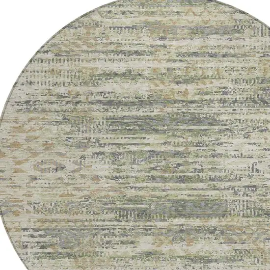 8' Artichoke Green And Beige Round Moroccan Washable Indoor Outdoor Area Rug Photo 4