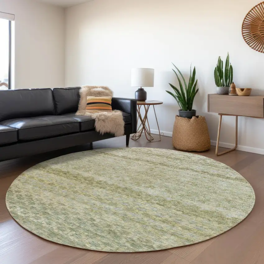 8' Artichoke Green And Beige Round Striped Washable Indoor Outdoor Area Rug Photo 7