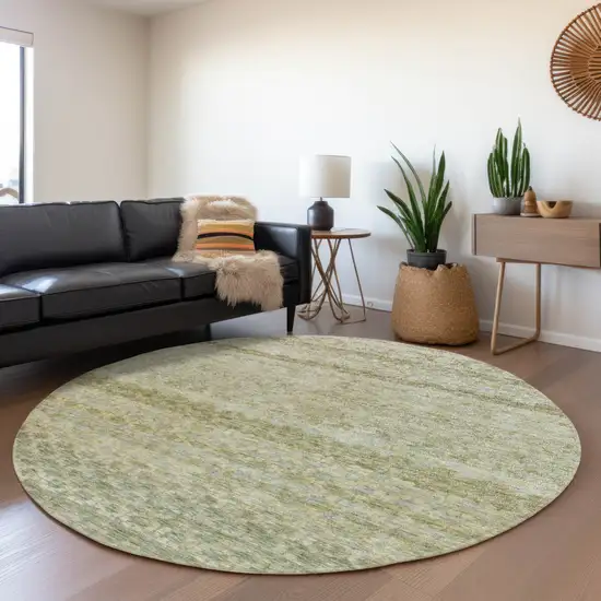 8' Artichoke Green And Beige Round Striped Washable Indoor Outdoor Area Rug Photo 7