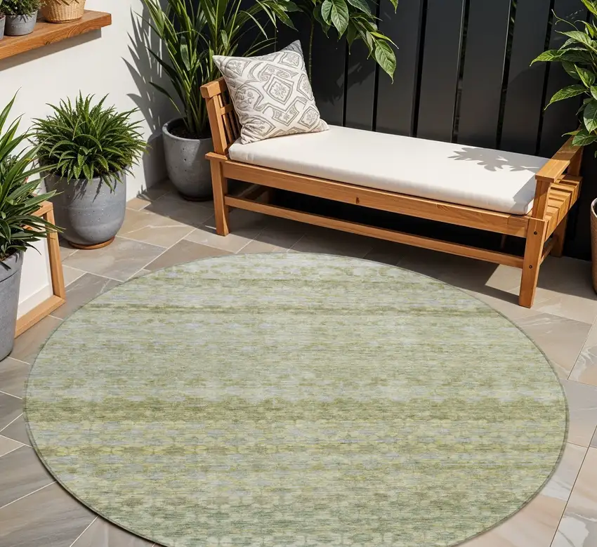 8' Artichoke Green And Beige Round Striped Washable Indoor Outdoor Area Rug Photo 1