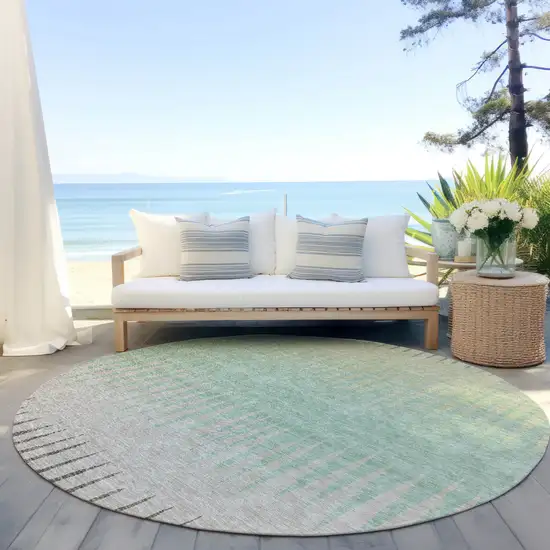 8' Artichoke Green And Beige Round Striped Washable Indoor Outdoor Area Rug Photo 6