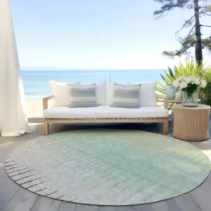 Photo of 8' Artichoke Green And Beige Round Striped Washable Indoor Outdoor Area Rug