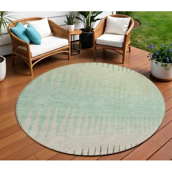 8' Artichoke Green And Beige Round Striped Washable Indoor Outdoor Area Rug Photo 1