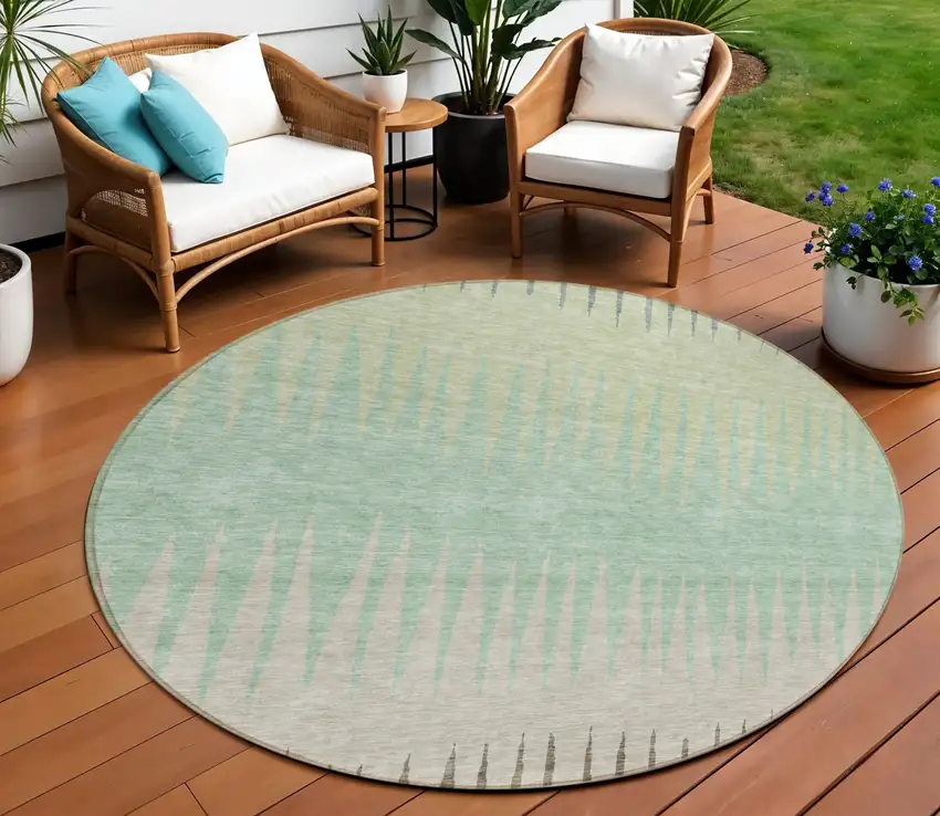 8' Artichoke Green And Beige Round Striped Washable Indoor Outdoor Area Rug Photo 1