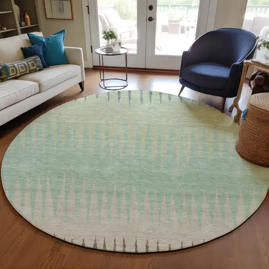 8' Artichoke Green And Beige Round Striped Washable Indoor Outdoor Area Rug Photo 7