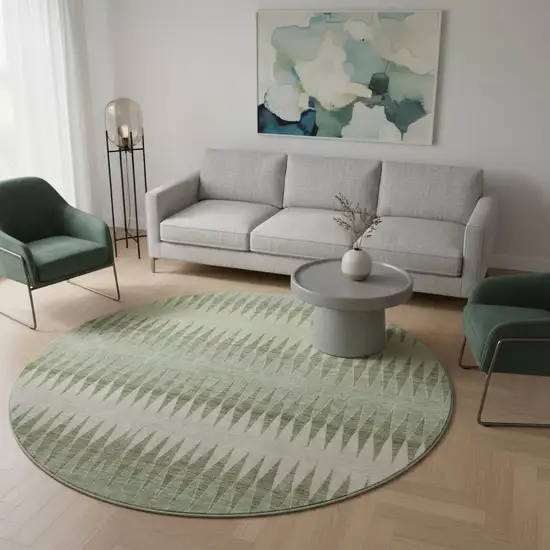 8' Artichoke Green And Beige Striped Washable Round Rug With UV Protection Photo 2