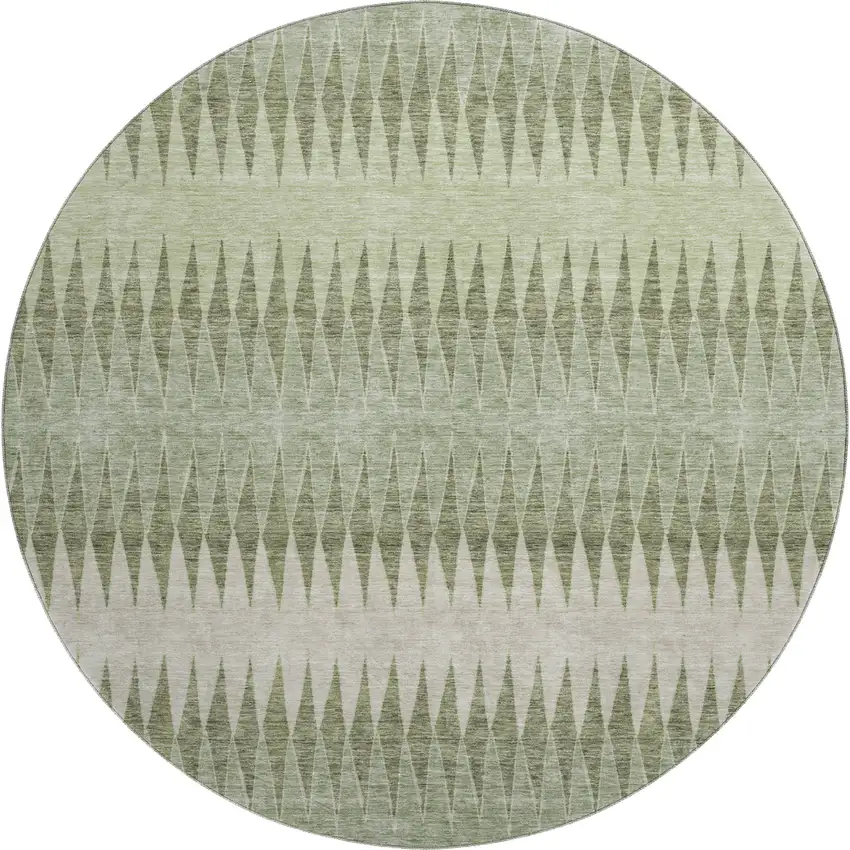 8' Artichoke Green And Beige Striped Washable Round Rug With UV Protection Photo 1