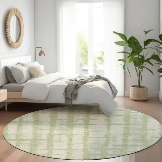 8' Artichoke Green And Beige Striped Washable Round Rug With UV Protection Photo 5