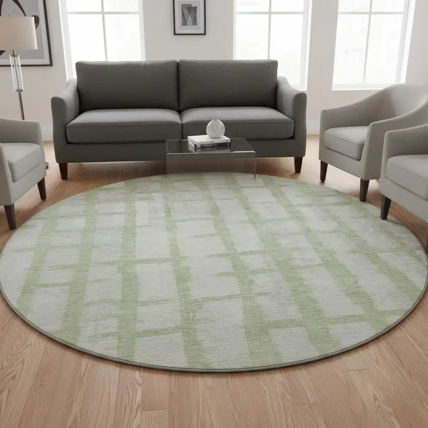 8' Artichoke Green And Beige Striped Washable Round Rug With UV Protection Photo 2