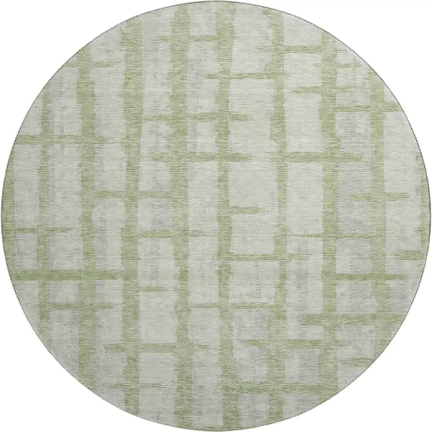 8' Artichoke Green And Beige Striped Washable Round Rug With UV Protection Photo 1
