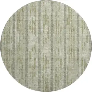 Photo of 8' Artichoke Green And Beige Striped Washable Round Rug With UV Protection