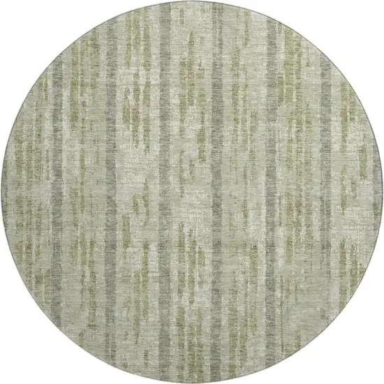 8' Artichoke Green And Beige Striped Washable Round Rug With UV Protection Photo 1