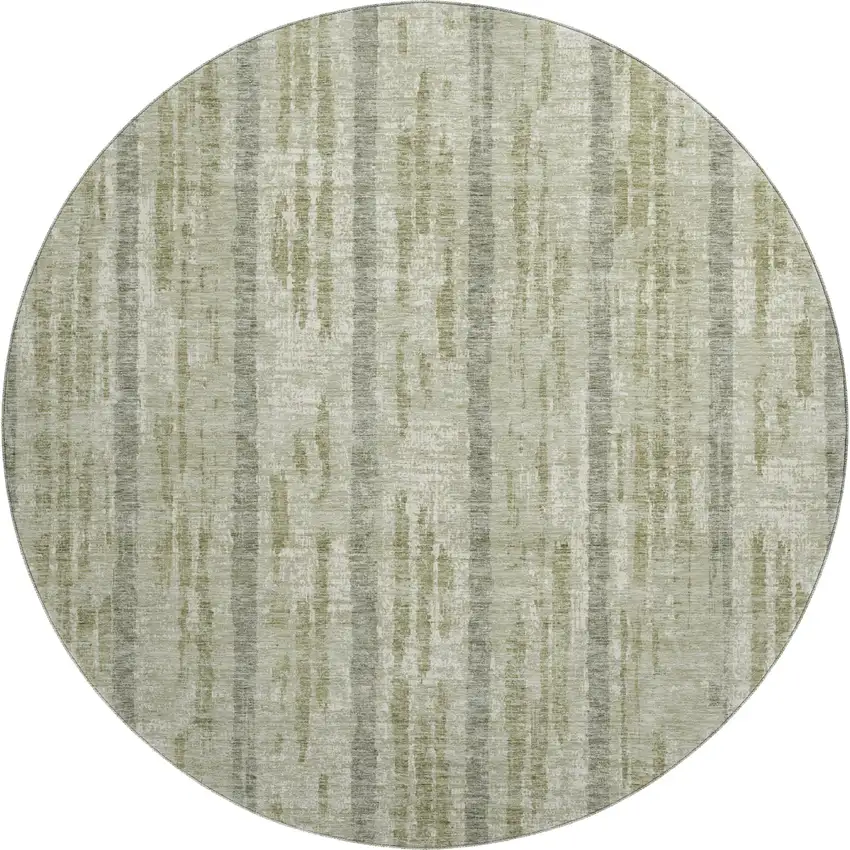 8' Artichoke Green And Beige Striped Washable Round Rug With UV Protection Photo 1