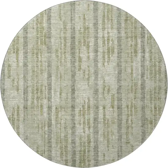 8' Artichoke Green And Beige Striped Washable Round Rug With UV Protection Photo 4