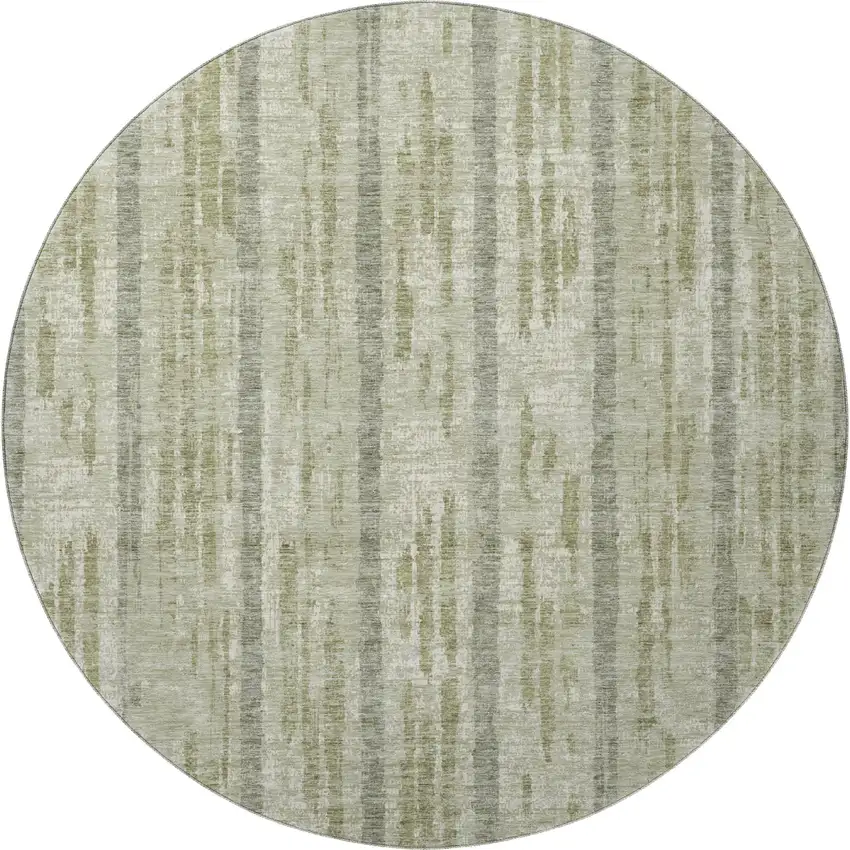8' Artichoke Green And Beige Striped Washable Round Rug With UV Protection Photo 4