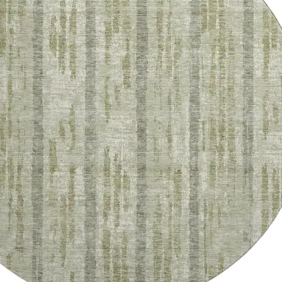 8' Artichoke Green And Beige Striped Washable Round Rug With UV Protection Photo 3