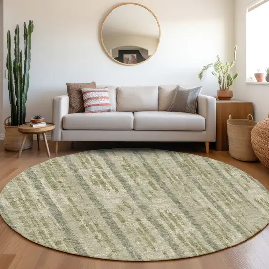 8' Artichoke Green And Beige Striped Washable Round Rug With UV Protection Photo 5