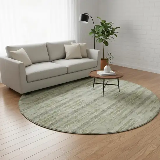 8' Artichoke Green And Beige Striped Washable Round Rug With UV Protection Photo 2