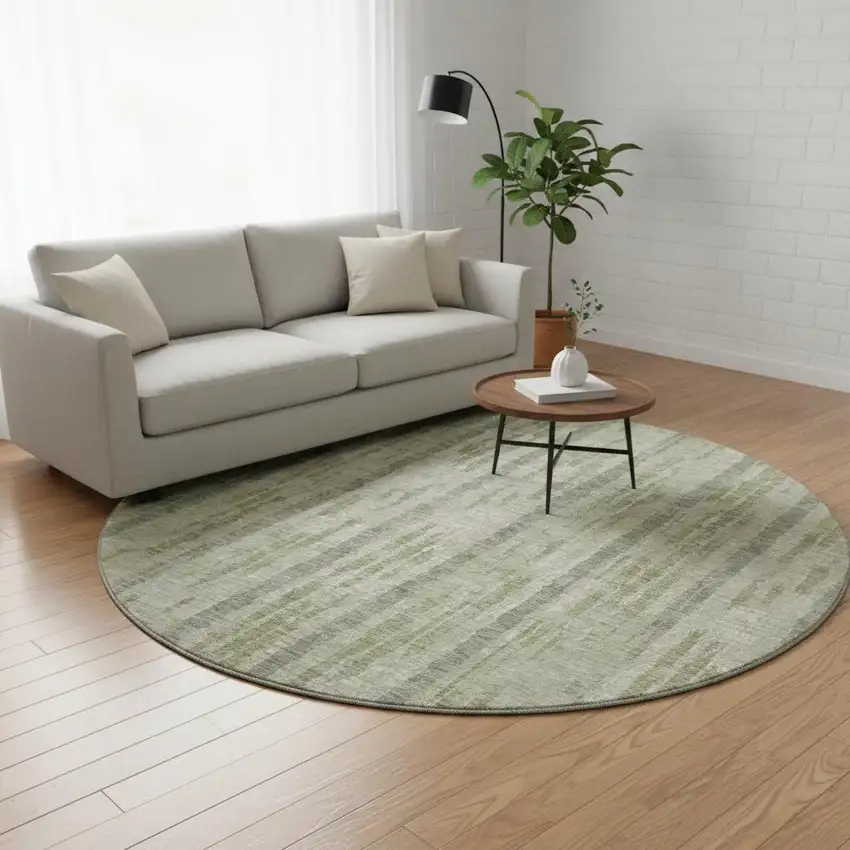 8' Artichoke Green And Beige Striped Washable Round Rug With UV Protection Photo 2