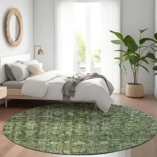 8' Artichoke Green And Black Round Damask Washable Indoor Outdoor Area Rug Photo 8