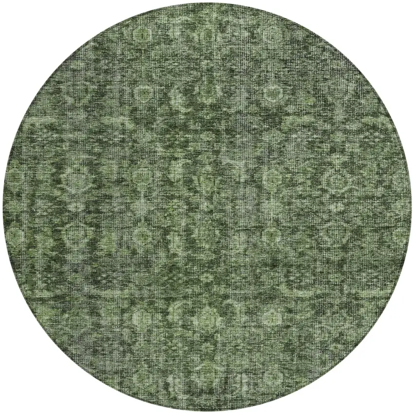 8' Artichoke Green And Black Round Damask Washable Indoor Outdoor Area Rug Photo 2