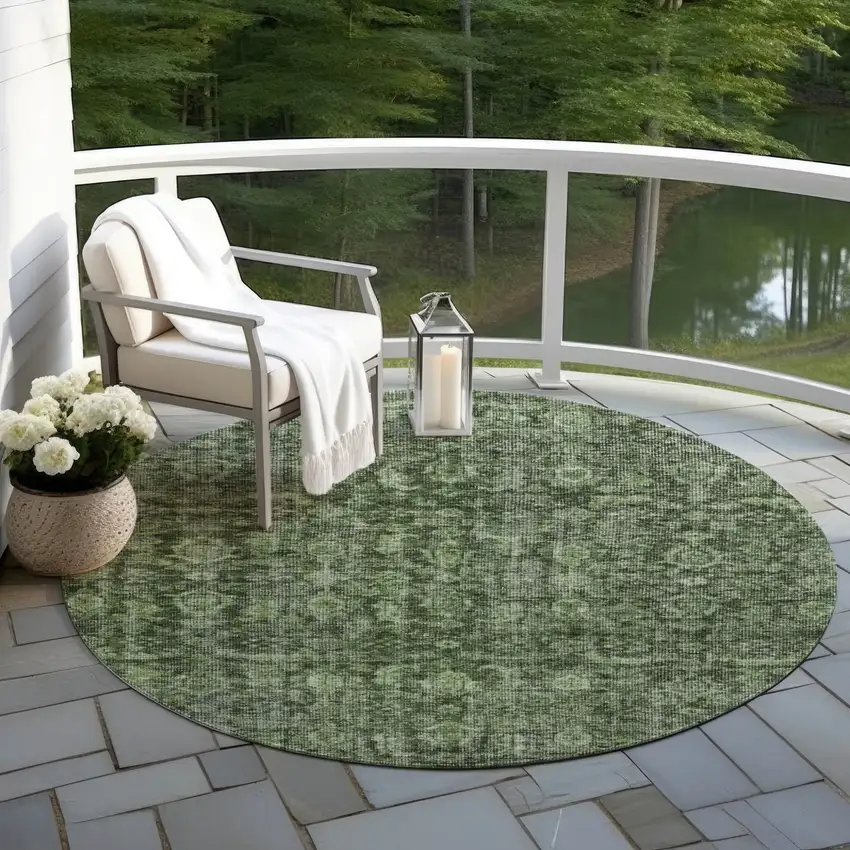 8' Artichoke Green And Black Round Damask Washable Indoor Outdoor Area Rug Photo 7