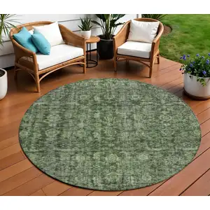 Photo of 8' Artichoke Green And Black Round Damask Washable Indoor Outdoor Area Rug