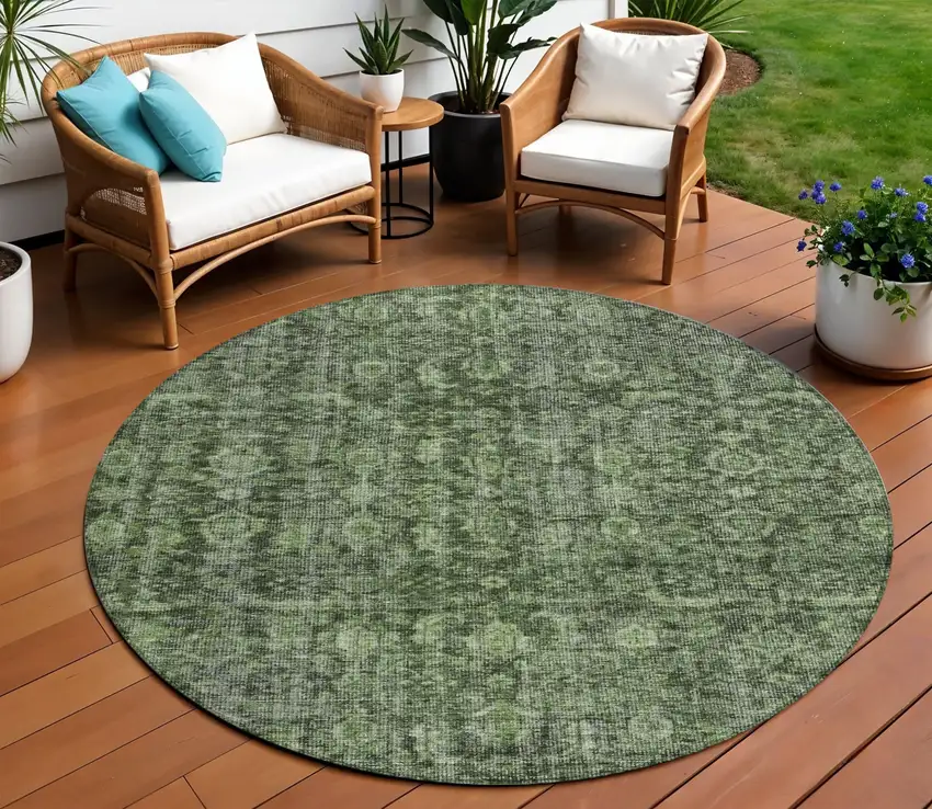 8' Artichoke Green And Black Round Damask Washable Indoor Outdoor Area Rug Photo 1