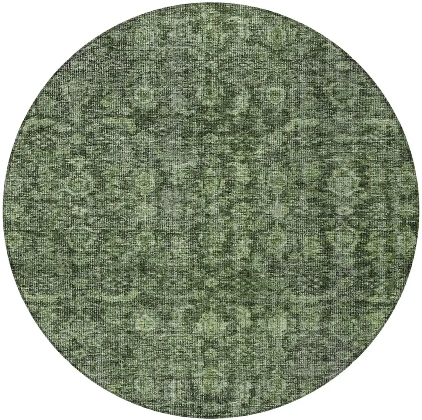 8' Artichoke Green And Black Round Damask Washable Indoor Outdoor Area Rug Photo 6