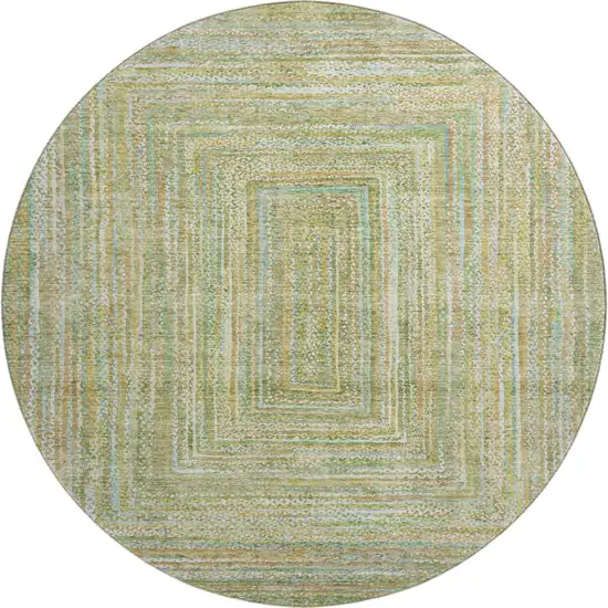 8' Artichoke Green And Blue Geometric Washable Round Rug With UV Protection Photo 1