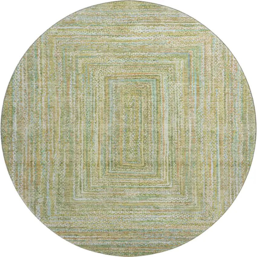 8' Artichoke Green And Blue Geometric Washable Round Rug With UV Protection Photo 1