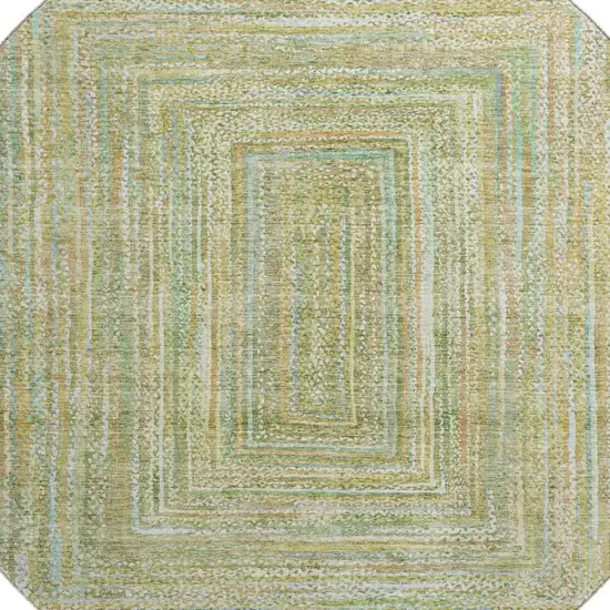 8' Artichoke Green And Blue Geometric Washable Round Rug With UV Protection Photo 2
