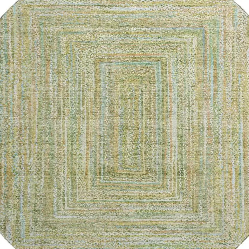 8' Artichoke Green And Blue Geometric Washable Round Rug With UV Protection Photo 2