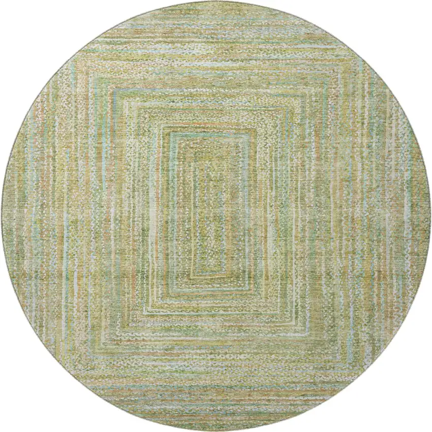 8' Artichoke Green And Blue Geometric Washable Round Rug With UV Protection Photo 3