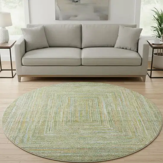 8' Artichoke Green And Blue Geometric Washable Round Rug With UV Protection Photo 2