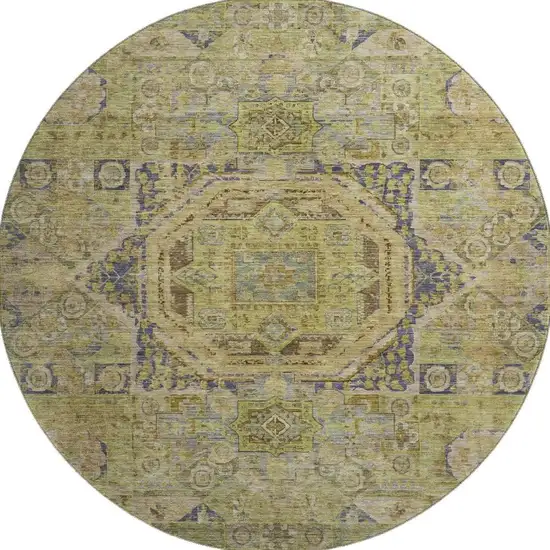 8' Artichoke Green And Blue Oriental Washable Round Rug With UV Protection Photo 3