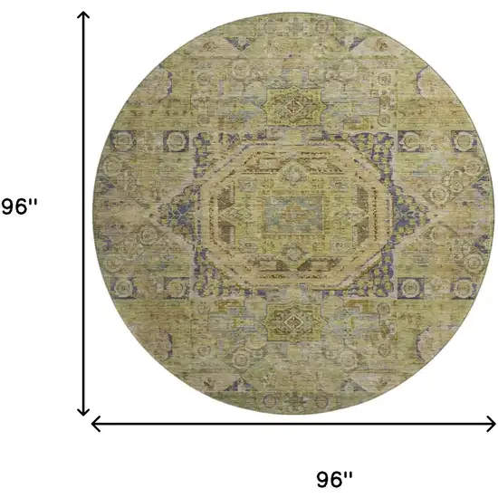 8' Artichoke Green And Blue Oriental Washable Round Rug With UV Protection Photo 9