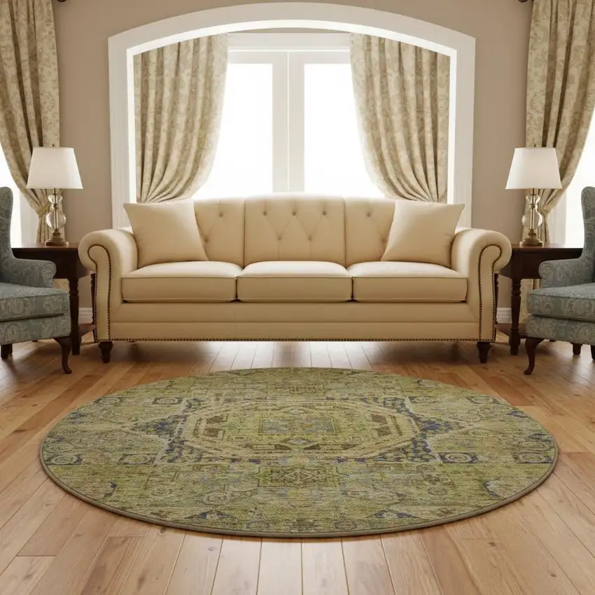 8' Artichoke Green And Blue Oriental Washable Round Rug With UV Protection Photo 2