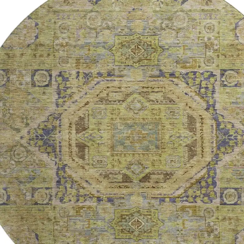8' Artichoke Green And Blue Oriental Washable Round Rug With UV Protection Photo 2