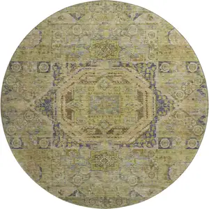 Photo of 8' Artichoke Green And Blue Oriental Washable Round Rug With UV Protection