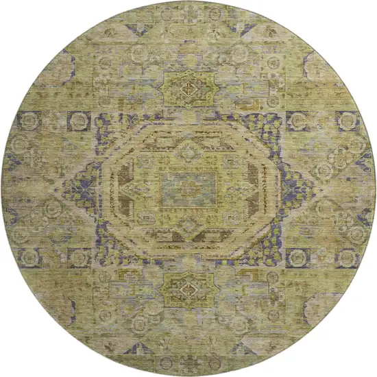 8' Artichoke Green And Blue Oriental Washable Round Rug With UV Protection Photo 1